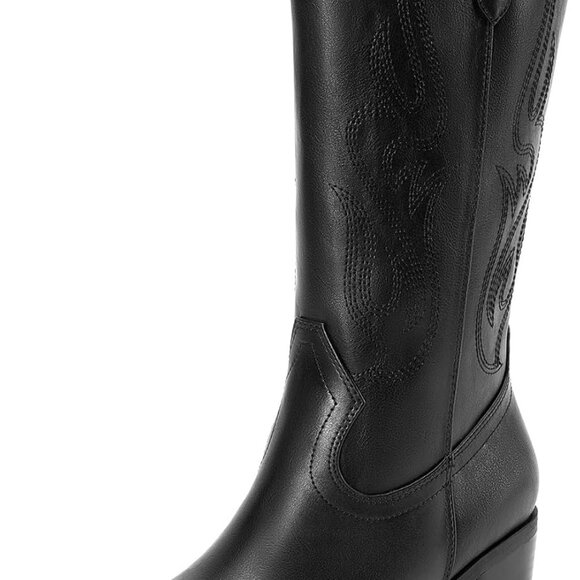 Women's Black Faux Leather Square Toe Cowboy Boots with Embroidery, Mid-Calf, 6 - Picture 1 of 7